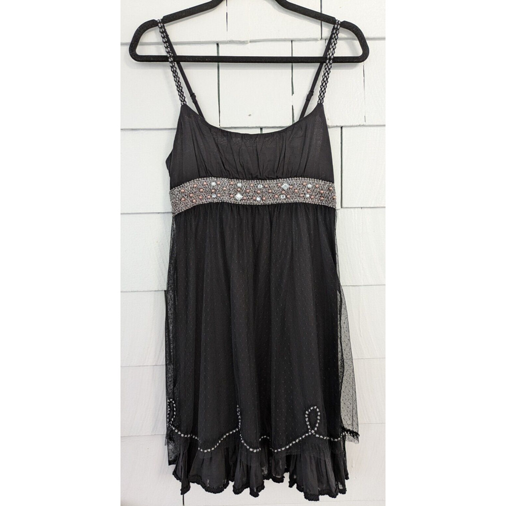 Free People Size 6 Jeweled Baby Doll Dress Black Adjustable Straps Tulle Overlay